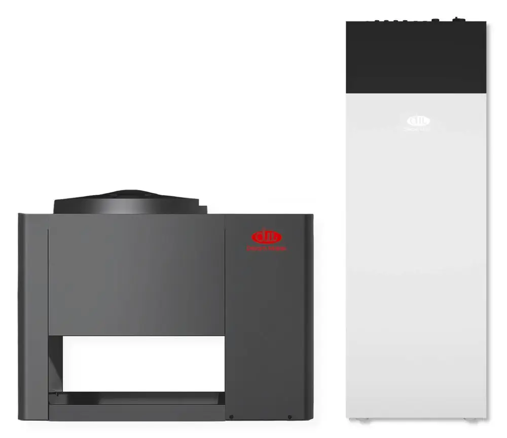 Zwei Einheiten von Dream Maker, eine graue Außeneinheit und eine weiße Inneneinheit. Die Außeneinheit hat eine breite Öffnung und ein kompaktes Design.